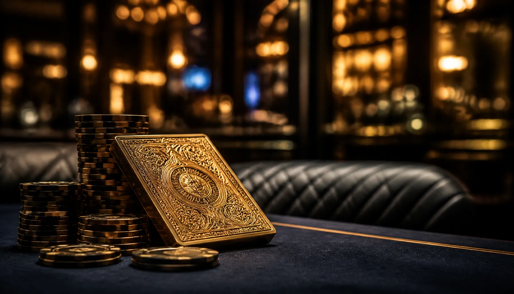 Close-up of gleaming gold coins scattered on deep emerald velvet surface with cinematic warm lighting