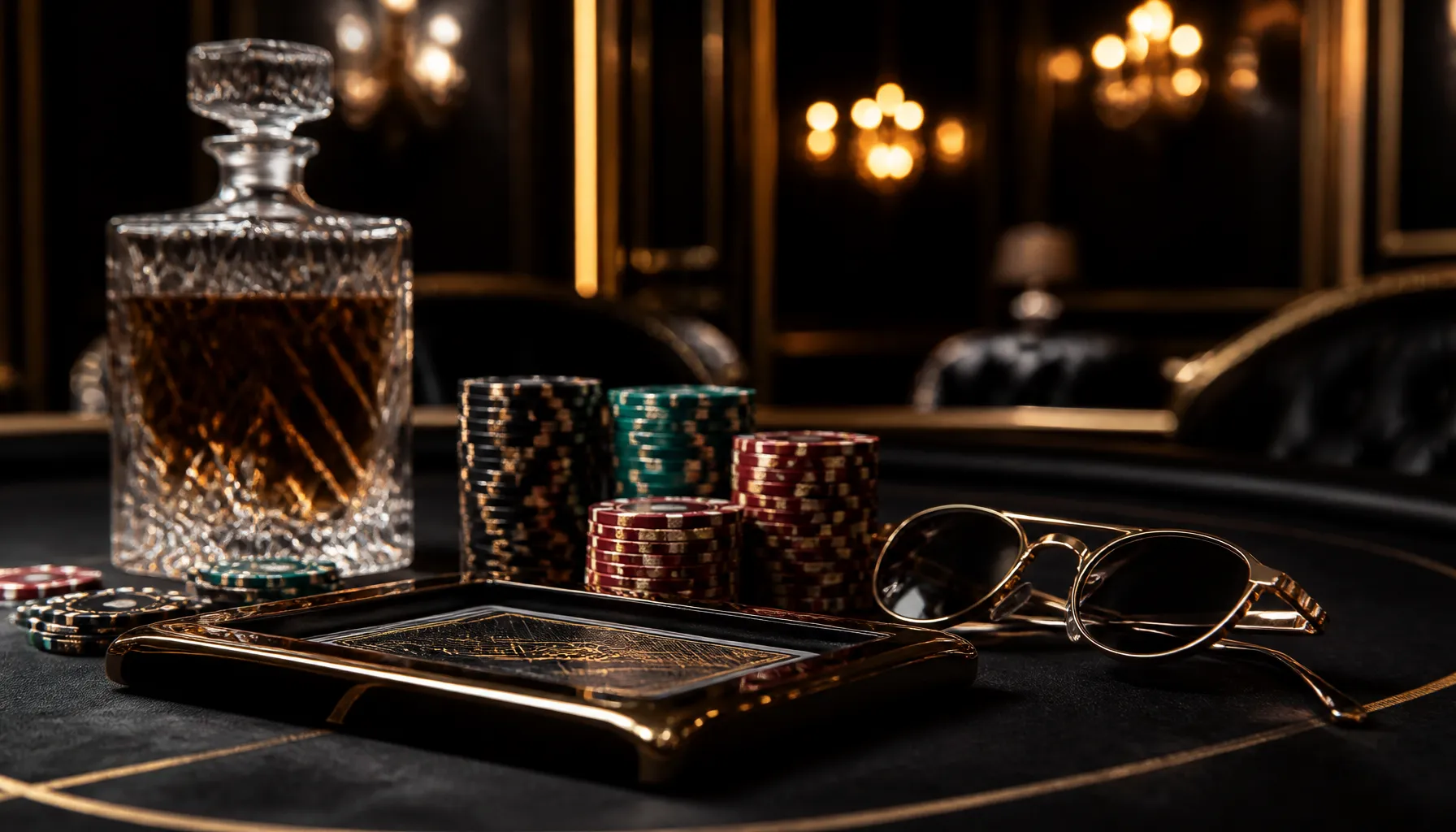 Close-up of gleaming gold coins scattered on deep emerald velvet surface with cinematic warm lighting